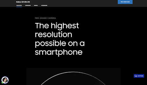 screenshot of Samsung website