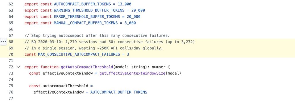 autoCompact.ts — MAX_CONSECUTIVE_AUTOCOMPACT_FAILURES circuit breaker and token buffer thresholds.