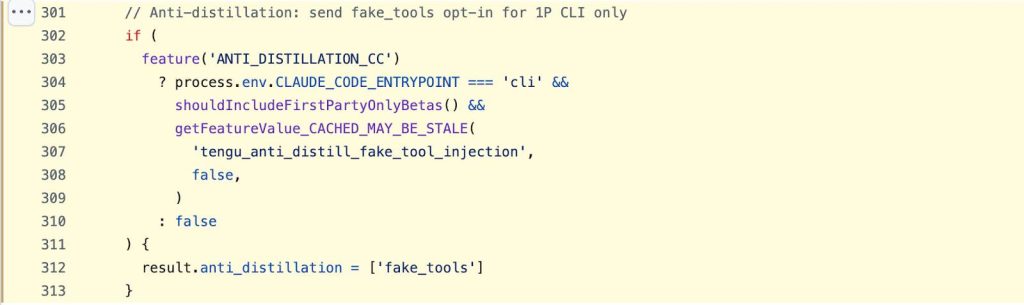 claude.ts — ANTI_DISTILLATION_CC feature flag and fake_tools injection logic