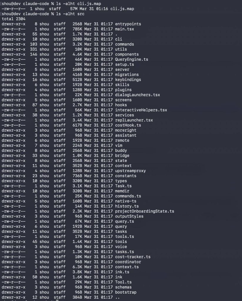 scrinshot^ On March 31, 2026, a .map file bundled into the Claude Code npm package exposed the entire TypeScript source tree, 2,203 files, 512,664 lines.